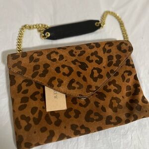 J. Crew Leopard Print Brown Clutch with Gold Chain